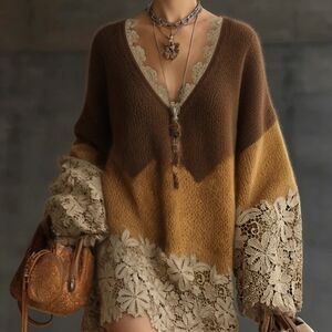 V-Neck Long Sleeve Lace-Trim Knit Dress in Brown and Mustard